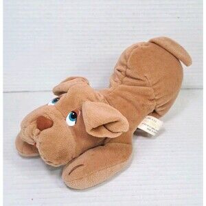 8" Vintage 1985 Prestige Toy Corp Brown Puppy Dog Plush Blue Eyes Stuffed Animal